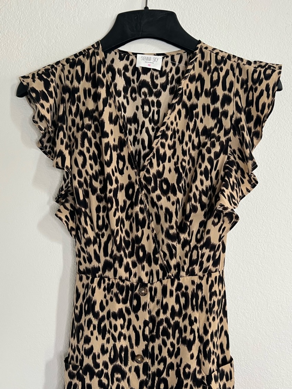 Sienna Sky Leopard-Print Dress with Ruffle Sleeves in Tan and Black